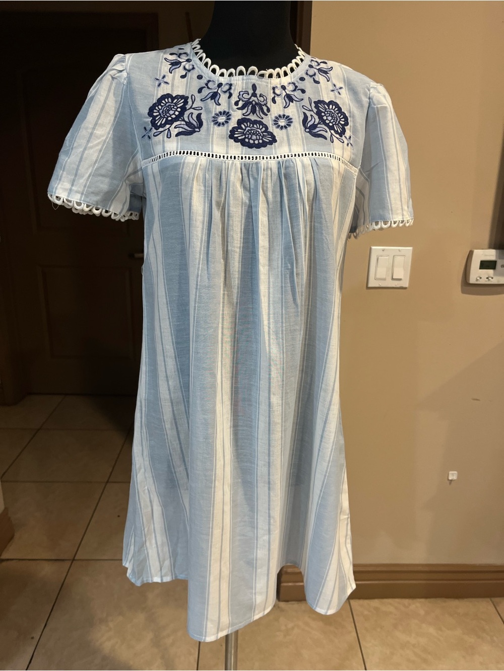 Blu Pepper Light Blue and White Striped Embroidered Top